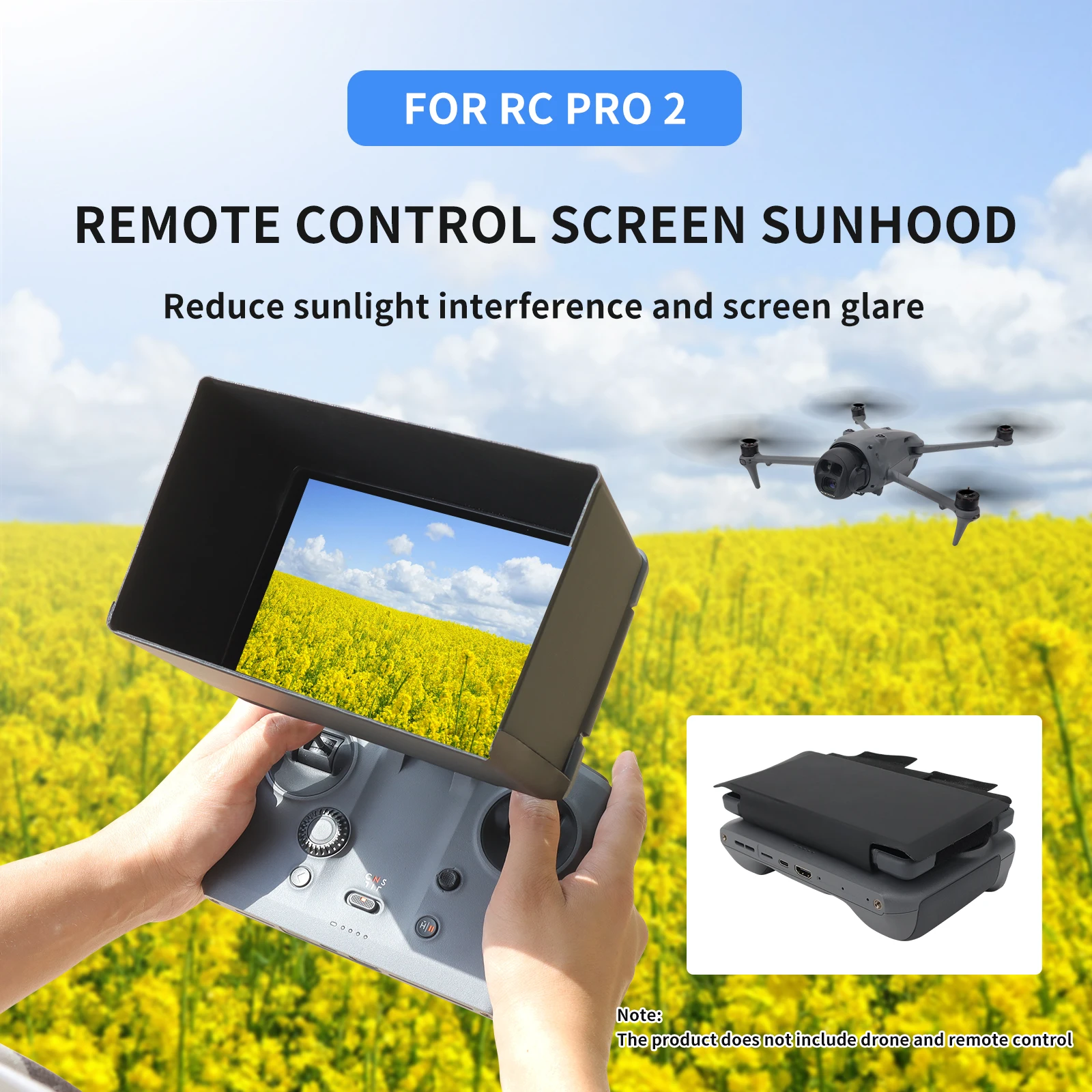 Pare-soleil pliable pour DJI RC Pro 2, replié sur le côté de la télécommande pour un transport facile.