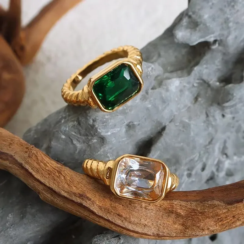 18K Gold Plated Square Multi-color Crystal Chunky Rings Stainless Steel Hypoallergenic Texture CZ Zircon Knuckle Ring Anillos