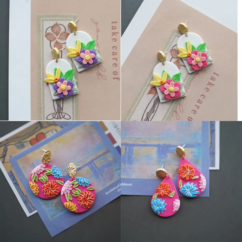 Handmade Crafts Bohemian Floral Bright Solid Metal Top Multi Colors Polymer Clay Earrings Dangle Sets dangle earrings Party Gifts Holiday Wear