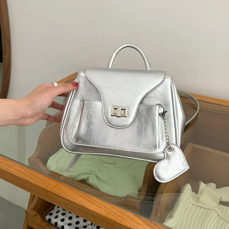

Backpacks Silver Bags Female MBTI Backpacks Fashion Korean For Women Square Solid Small Color Leather Designer Luxury Advanced