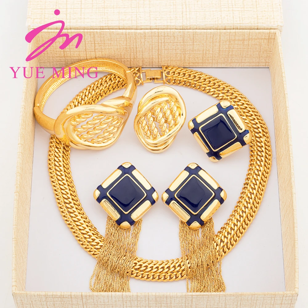 

YM Jewelry Sets with Gift Box African Dubai Gold Color Necklace Bridal Wedding Jewelry Party for Women Bracelet Earrings Ring