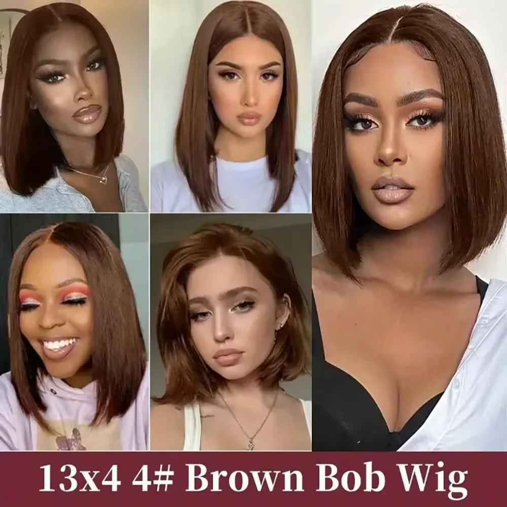 13x4 Bob Frontal Lace Wig Human Hair #4 Chocolate Fall Brown Bone Straight Raw Vietnamese 220 Density Human Hair Wigs 6