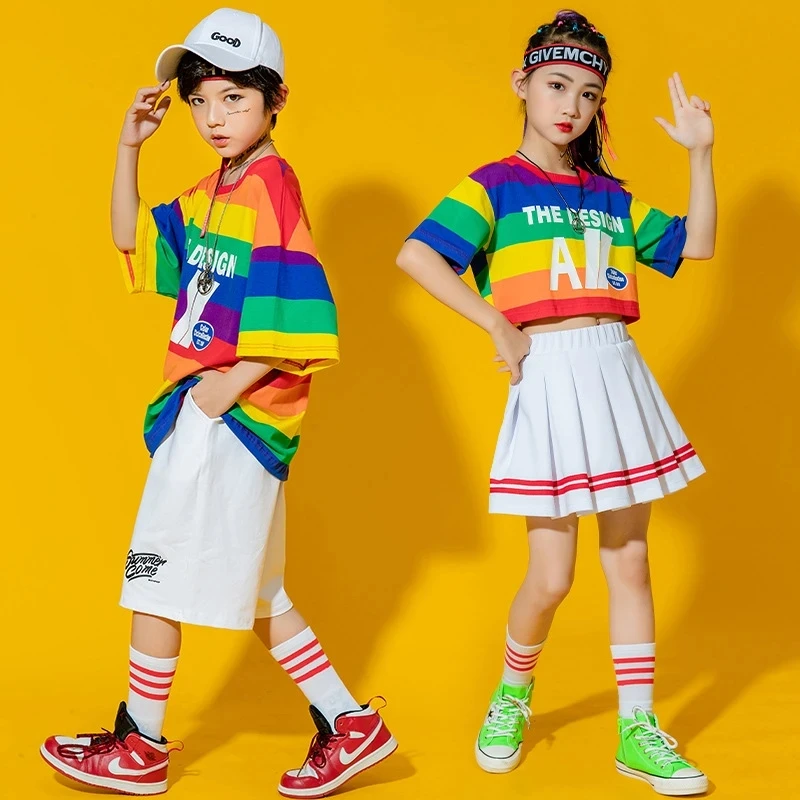 

Boys Street Dance Rainbow Striped T-shirt Shorts Girls Hip Hop Crop Top Skirt Kids Summer Costume Clothes Sets Child Streetwear