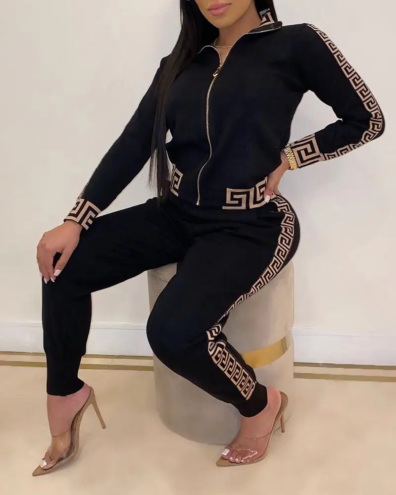 Tracksuits Women Elegant Two-Pieces Suit Sets Female Stylish Plus Size Greek Fret Print Coat & Pant Zip Sets Joggers Women percy jackson and the greek heroes