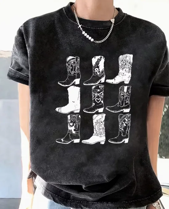 Damen Retro Western Denim T-Shirt, Kurzärmeliges Oberteil im Used-Look, Rosa Denim-Stiefel, Hut und "COWBOY" Slogan sind Denim-Ranch-Kleidung – Detail 7