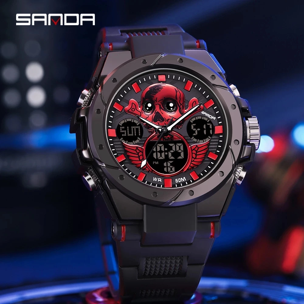 

SANDA Sport 6087 Watch Men Military Army Top Brand Skull Wristwatch Dual Display Male Watch For Men Clock Waterproof Hours