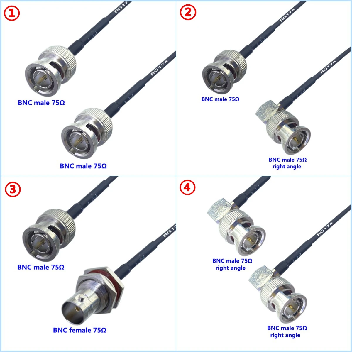 Кабель 75ohm RG174 Q9 BNC 75ohm к разъему BNC «папа» «мама», прямоугольный обжим для коаксиального кабеля RG174, низкие потери, быстрая доставка, медь
