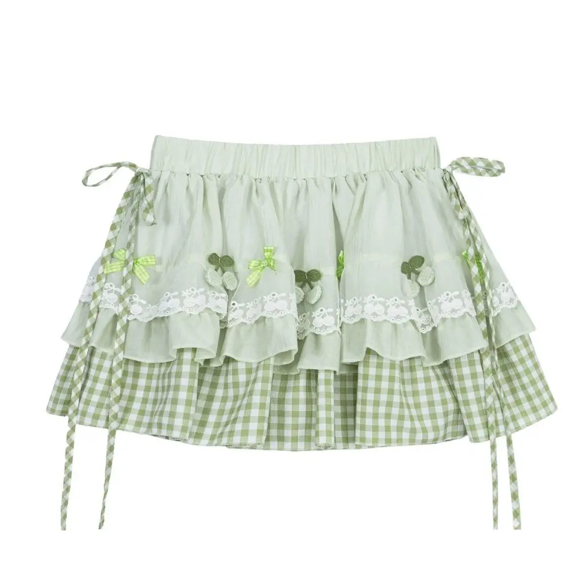 Green Gingham Ruffle Mini Skirt Women Kawaii Lolita Cherry Decor Lace Trim Layered Elastic Waist A-line Short Skirt for Teens