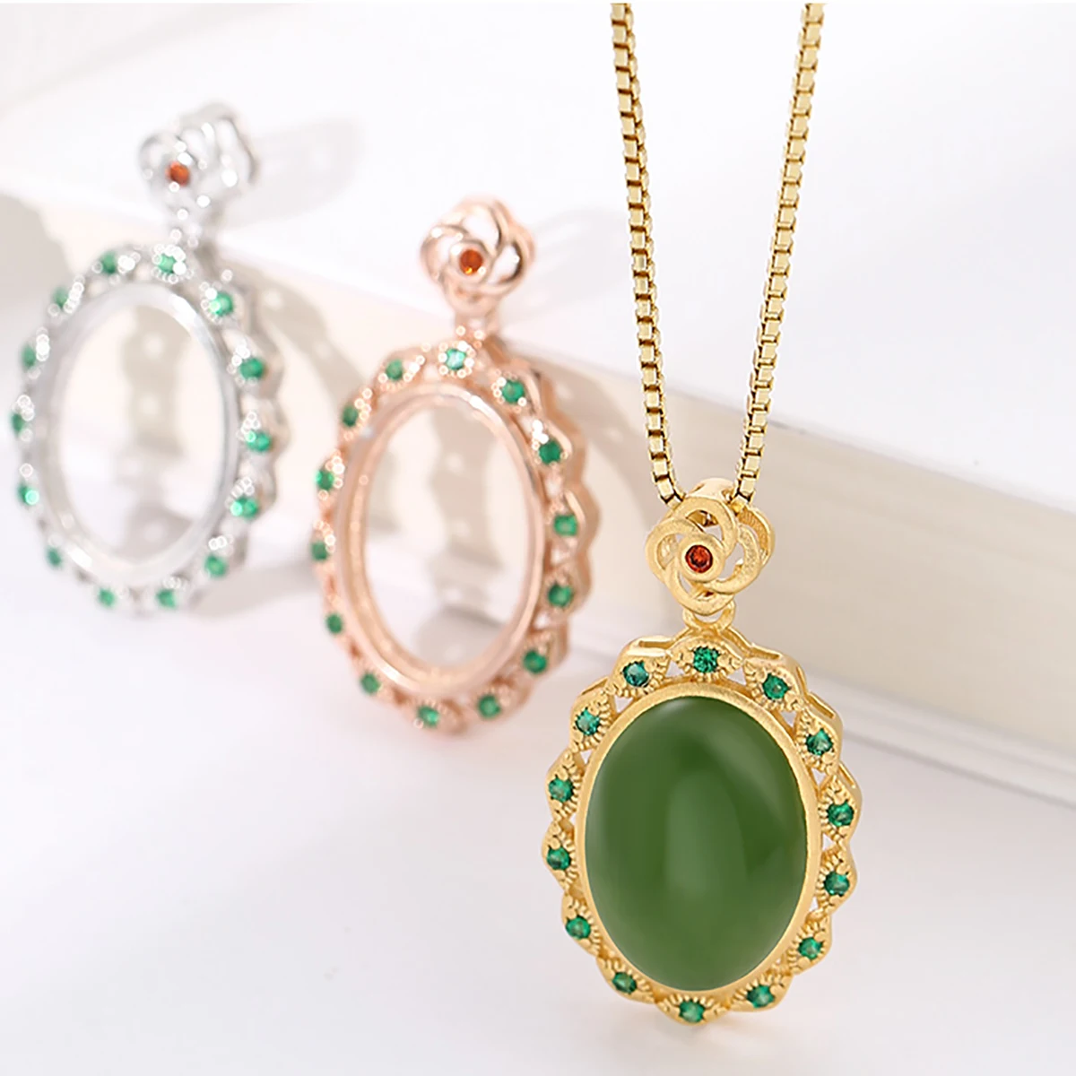 925 Sterling Silver Bezel Cup Pendant Blank with Green CZ,fit 8X10/9X11/10X14mm Cabochon Pendant Setting Jewelry Making