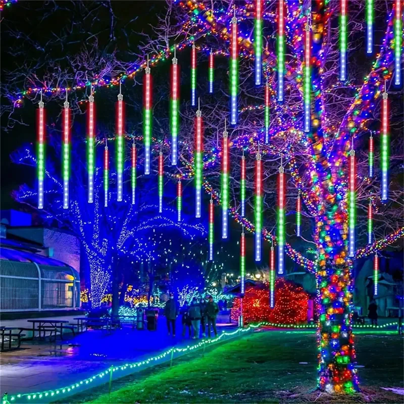 Description Picture 2 of item1/2/3/4 Set LED Meteor Shower Lights Fairy String Lights Christmas Holiday Snow Falling Icicle Cascading Light Halloween Decor