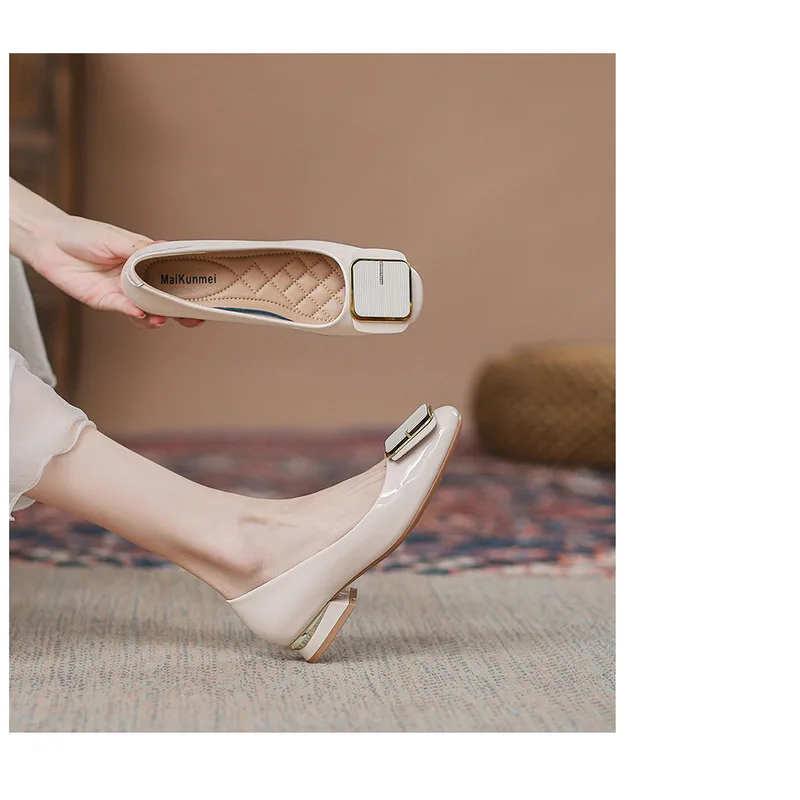 French Style Women's Flat Shoes Leather Square Toe Low Block Heel_voghion.com