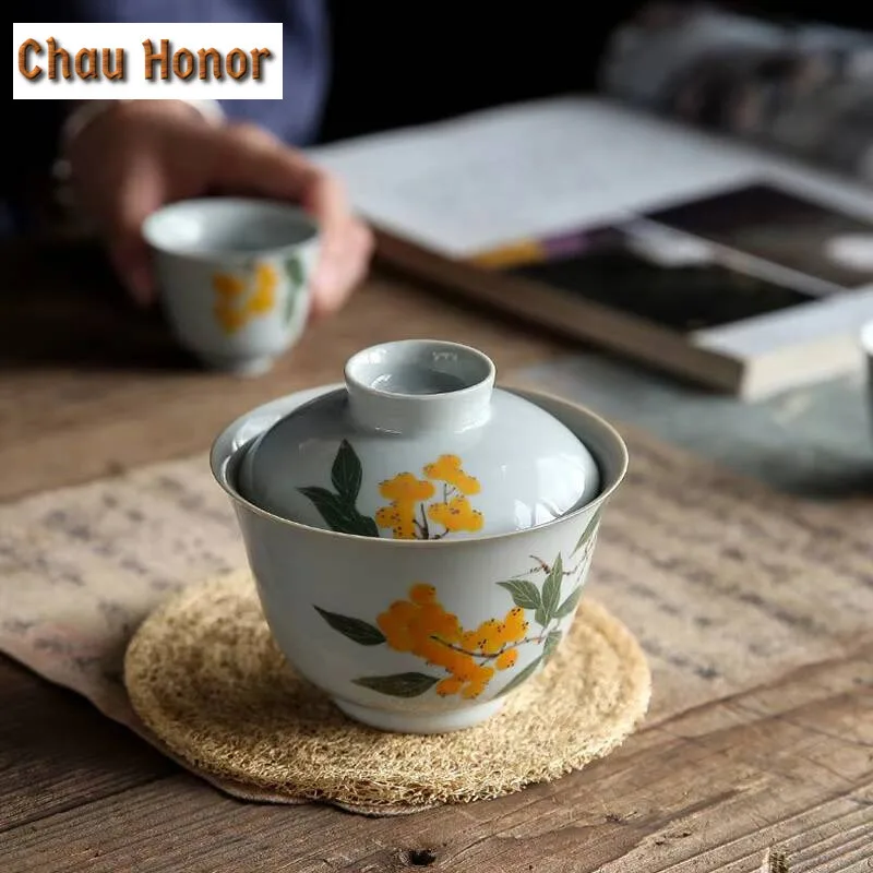 150ml Japanese Style Underglaze Color Hand-painted Loquat Cover Bowl Ceramic Tea Cup Kung Fu Tea Set Tea Bowl Tea Ceremony Gift