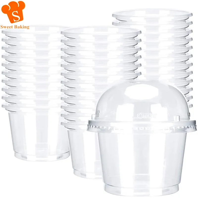 50pcs 250ml Disposable Salad Cup Transparent Plastic Dessert Cups Bowls Container with Dome/Flat Lids for Ice Cream Cupcake
