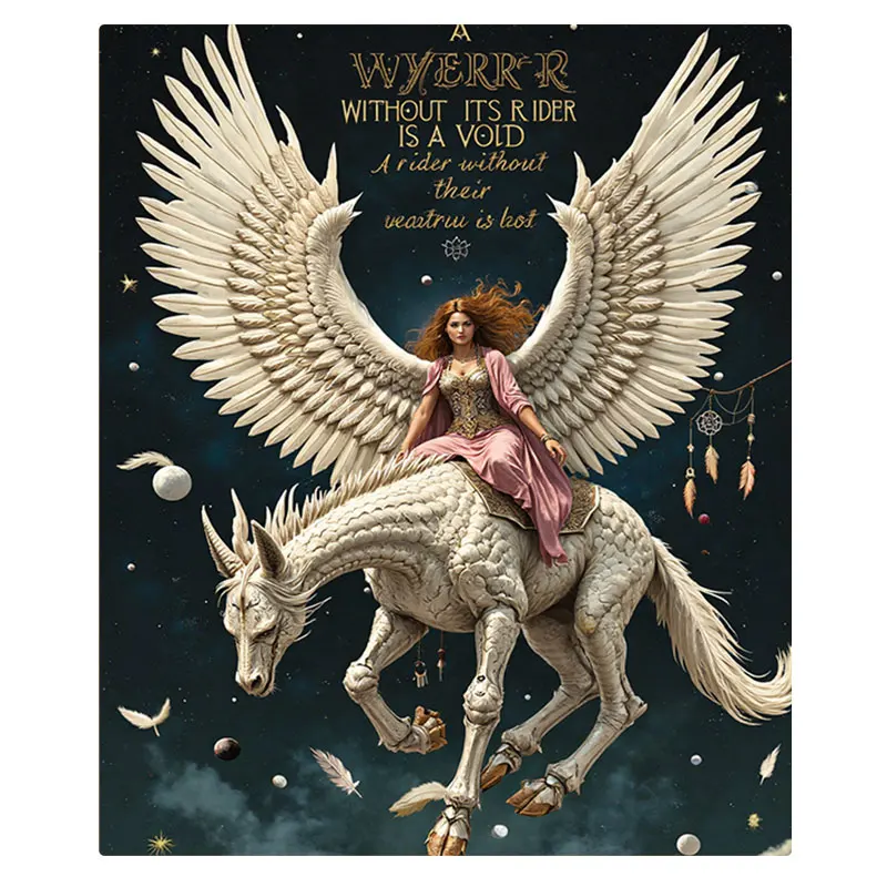 Fantasy Wyvern Rider Flannel Blanket with Celestial Design