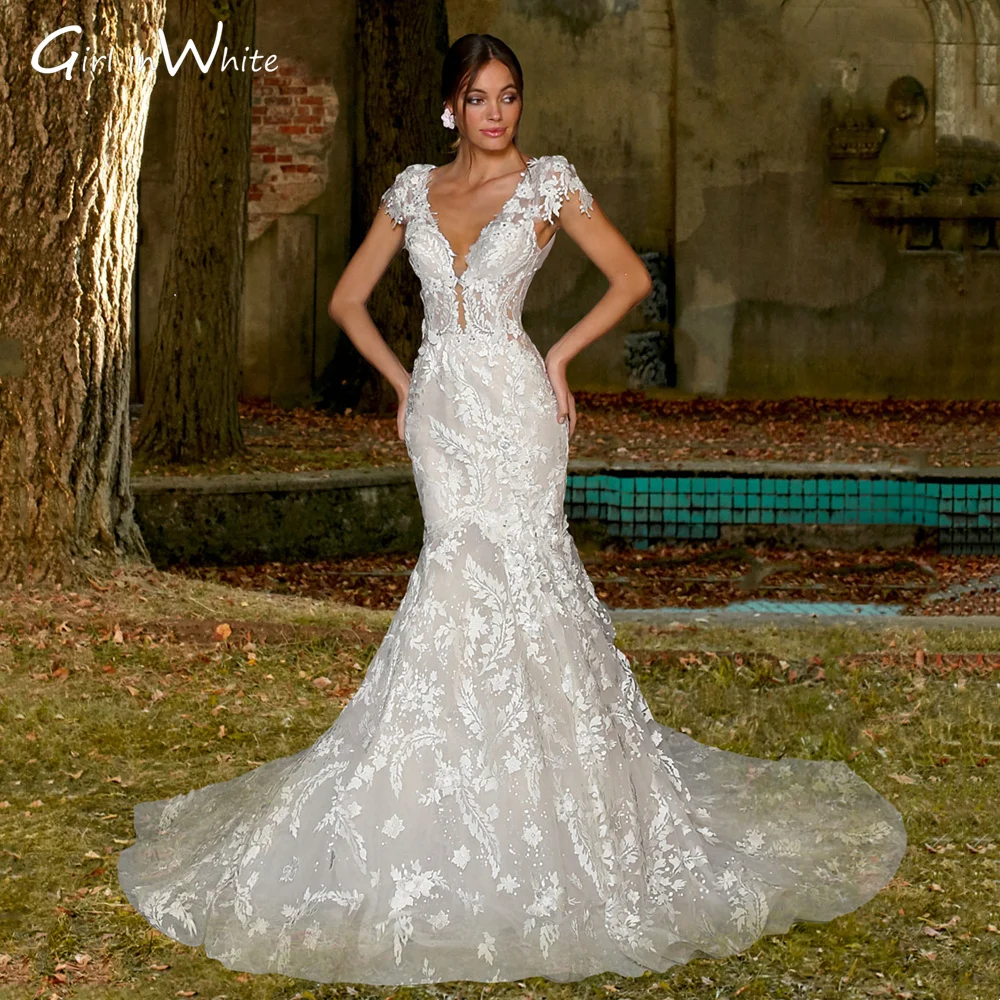 

Luxury Mermaid Wedding Dress For Bride 2022 Backless Lace Appliques Vestido De Novia V Neck Sleeveless Robe De Mariée
