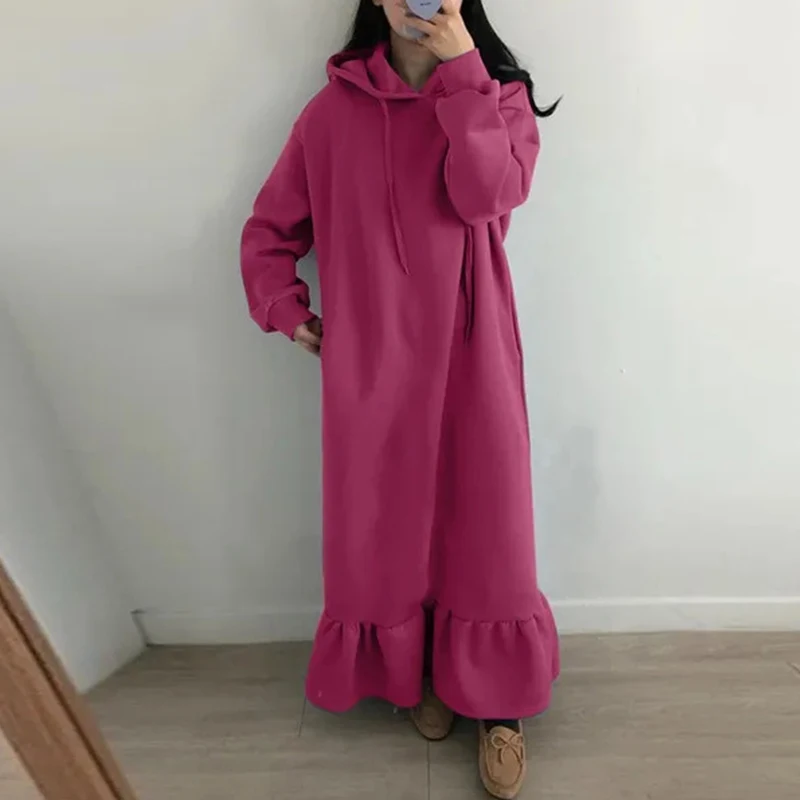 

Autumn Winter New Women's Plush Warm Hooded Dress Straight Pocket Loose Long Sleeve Sweater Dresses For Women Clothing