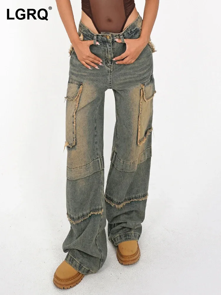 

LGRQ 2024 American Fashion Wornout Splicing Design Denim Pants Women's High Quality Street Trendy Straight Cargo Jeans 19Z2323