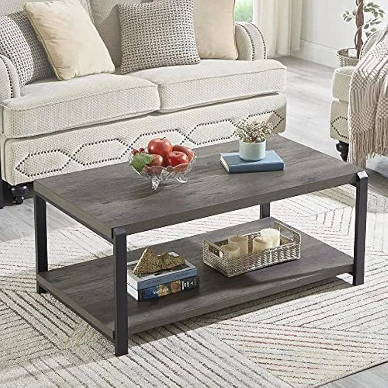 EXCEFUR Coffee Table with Storage Shelf,Rustic Wood and Metal Cocktail Table for Living Room,Grey Center Table