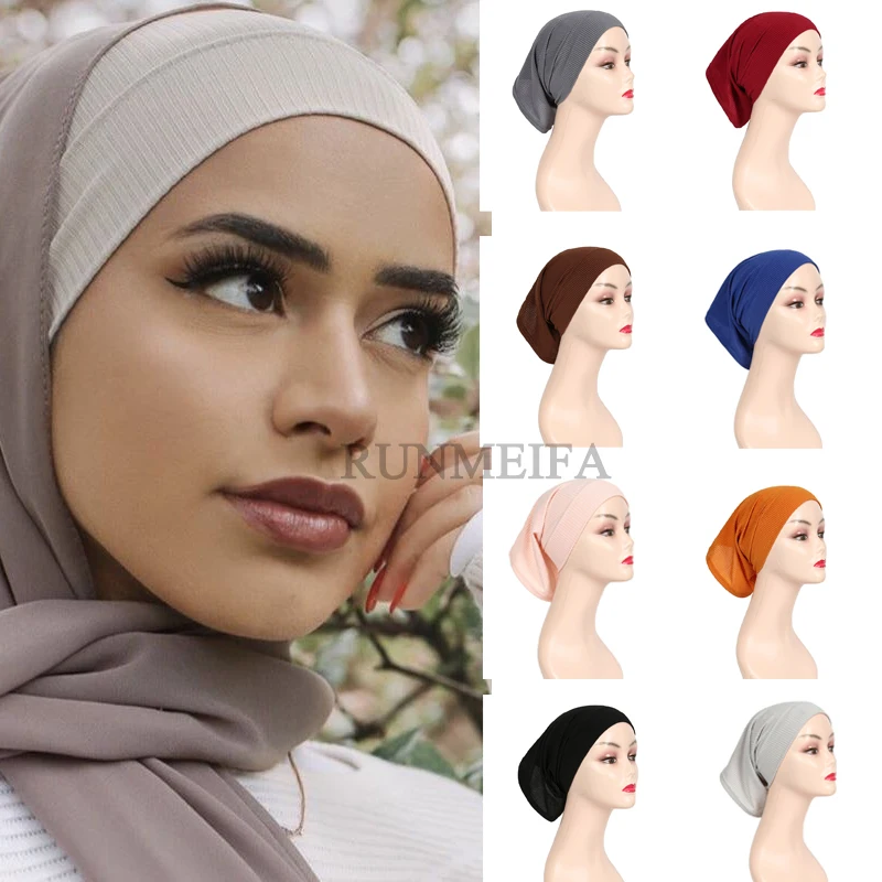 

Fashion Muslim Women Ribbed Inner Hijab Caps Islamic Tube Underscarf Bonnet Stretch Headband Turban Musulman Femme Head Wraps