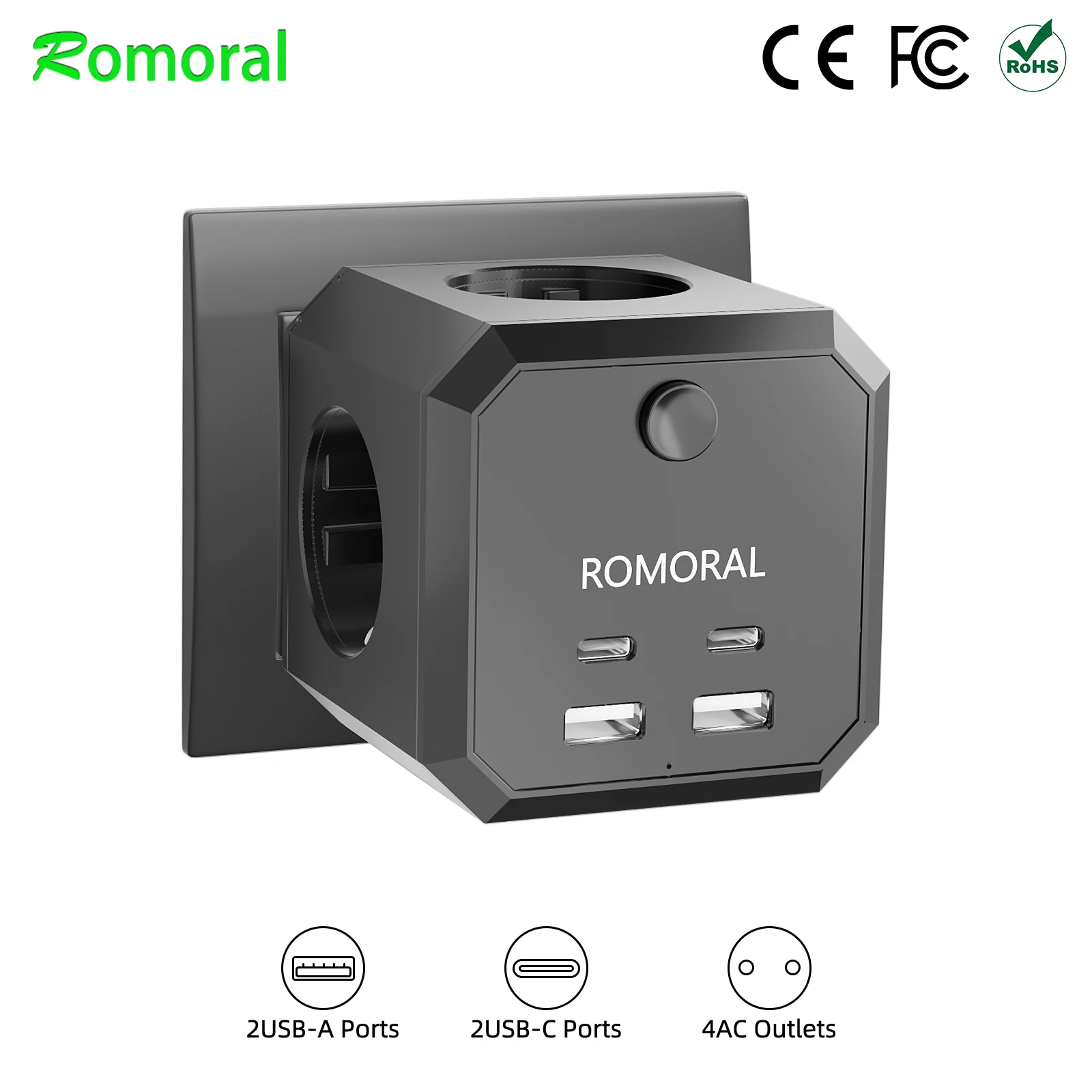

ROMORAL 8-in-1 EU Power Strip 2 USB-A Ports and 2 USB-C Power Strip Surge Protector Charger On/Off Switch For Home