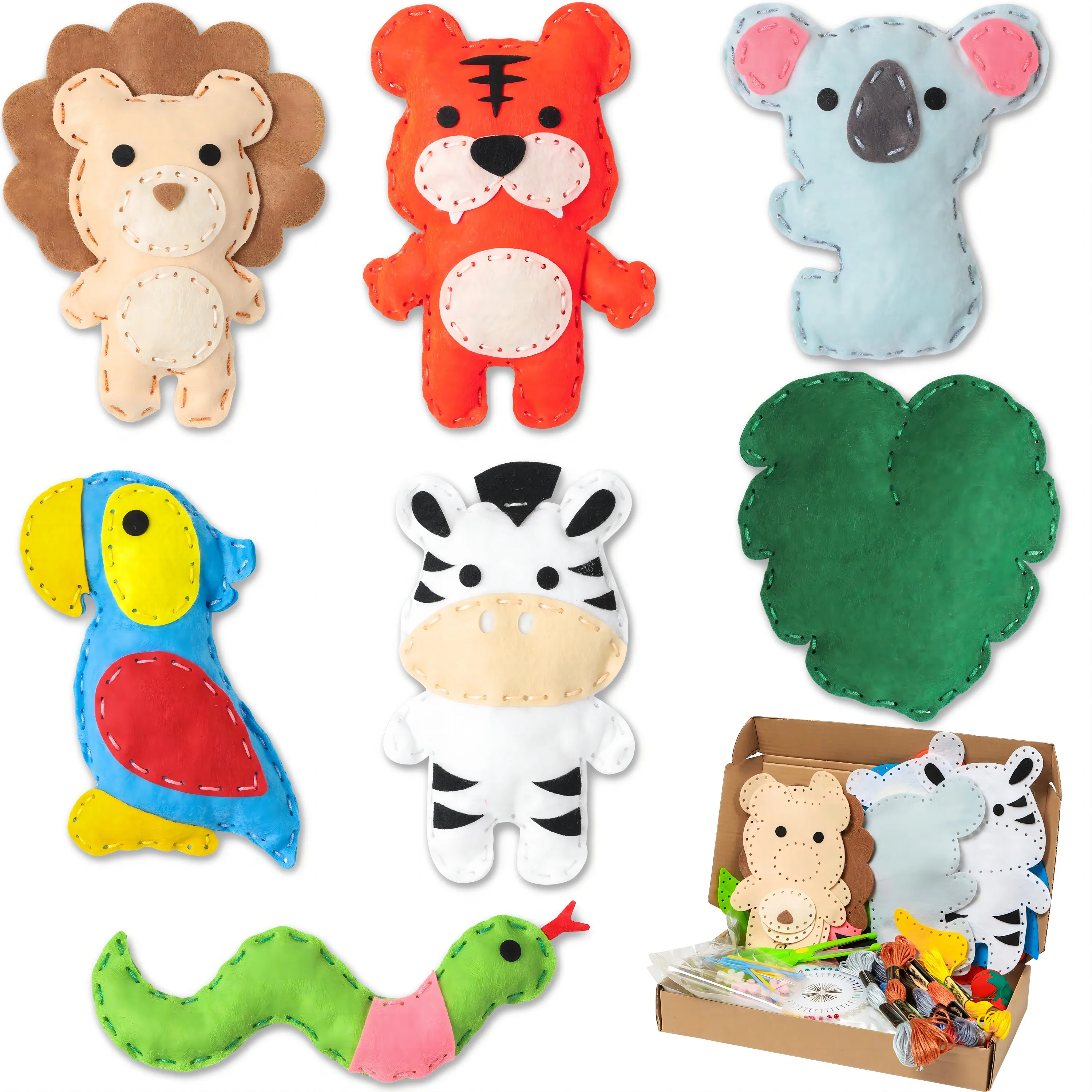 Jungle Animal DIY Sewing Kit Box Beginner Kids Lion Tiger Koala Parrot Zebra Make Your Own Animal World Preschool Storytelling