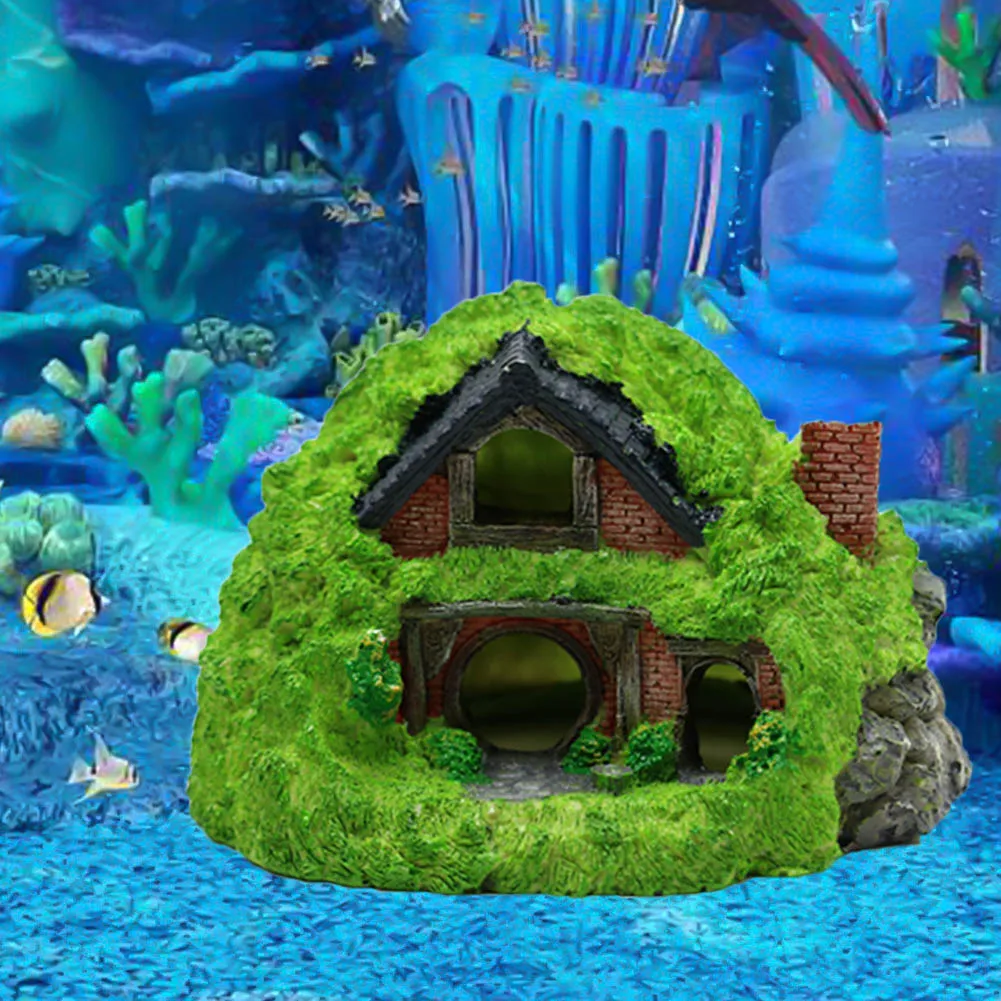 Miniature Hobbit Garden Fish Tank Decoration Ornament Home Decor Resin Fish Hideout Betta Hole Hole Per Rettili 5.1X5.1X3.5 Pollici