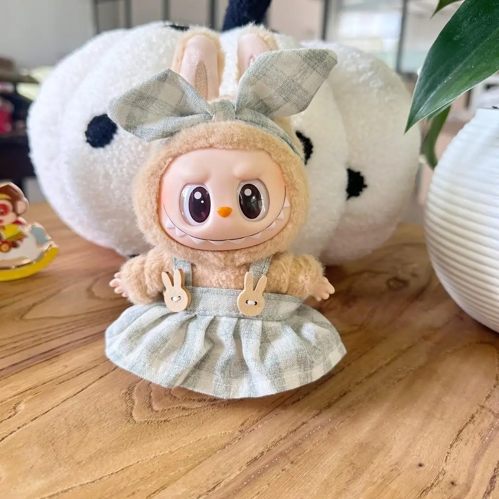 Mini Plush Doll'S Clothes Outfit Accessories For Labubu Idol V1 V2 sitting party Candy plaid skirt headband set Clothing Gift 2