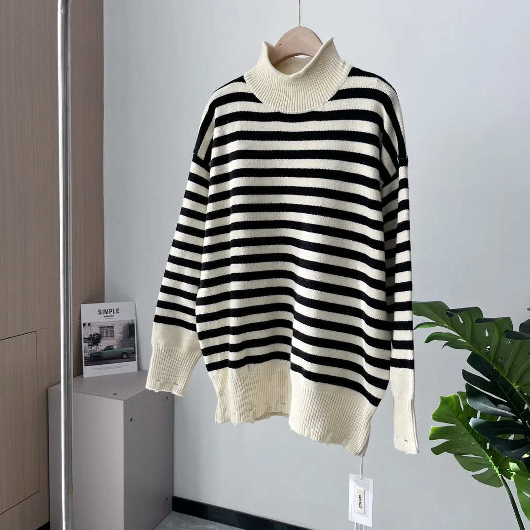 

Black And White Stripe Turtleneck Sweater Women Loose Long Flared Sleeve Knitted Pullover 2024 Autumn Chic Female Knitwear Tops