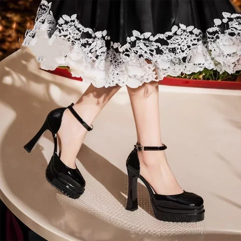 Women's Sexy Super High Heels Pointed Tip Thick Heel Ankle Strap Platform Heels Side Cutout Wedding Banquet Sandalias De Mujer 5