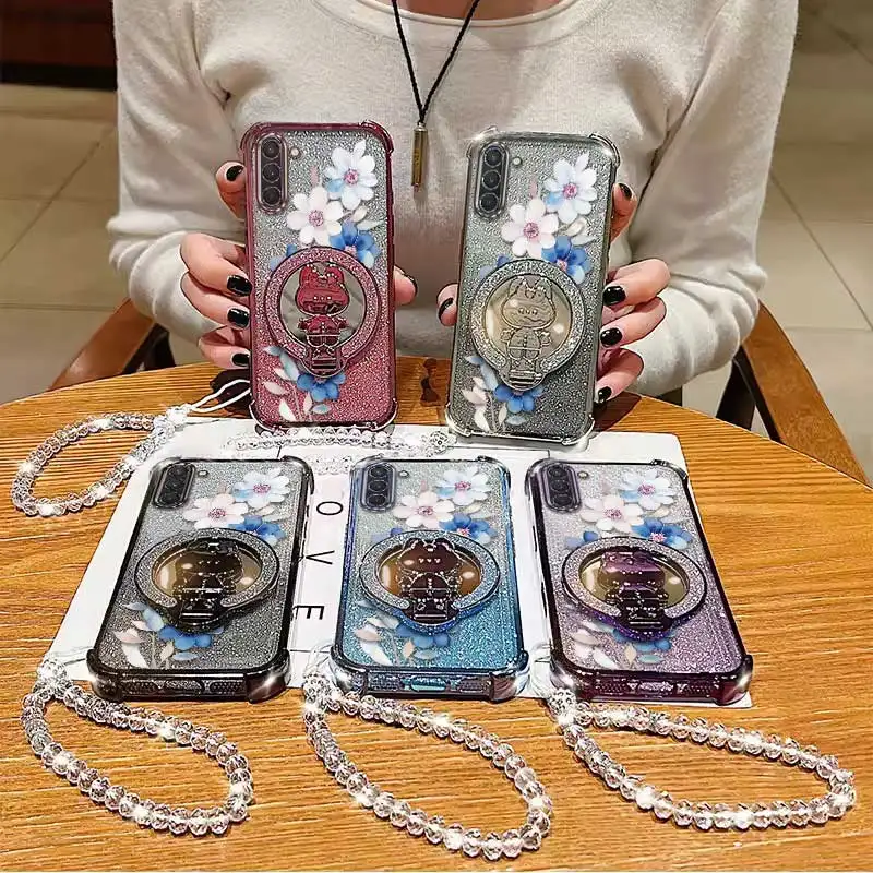 Attractive Flower Phone Case Set with Lanyard and Circular Stand - 3 Piece Set