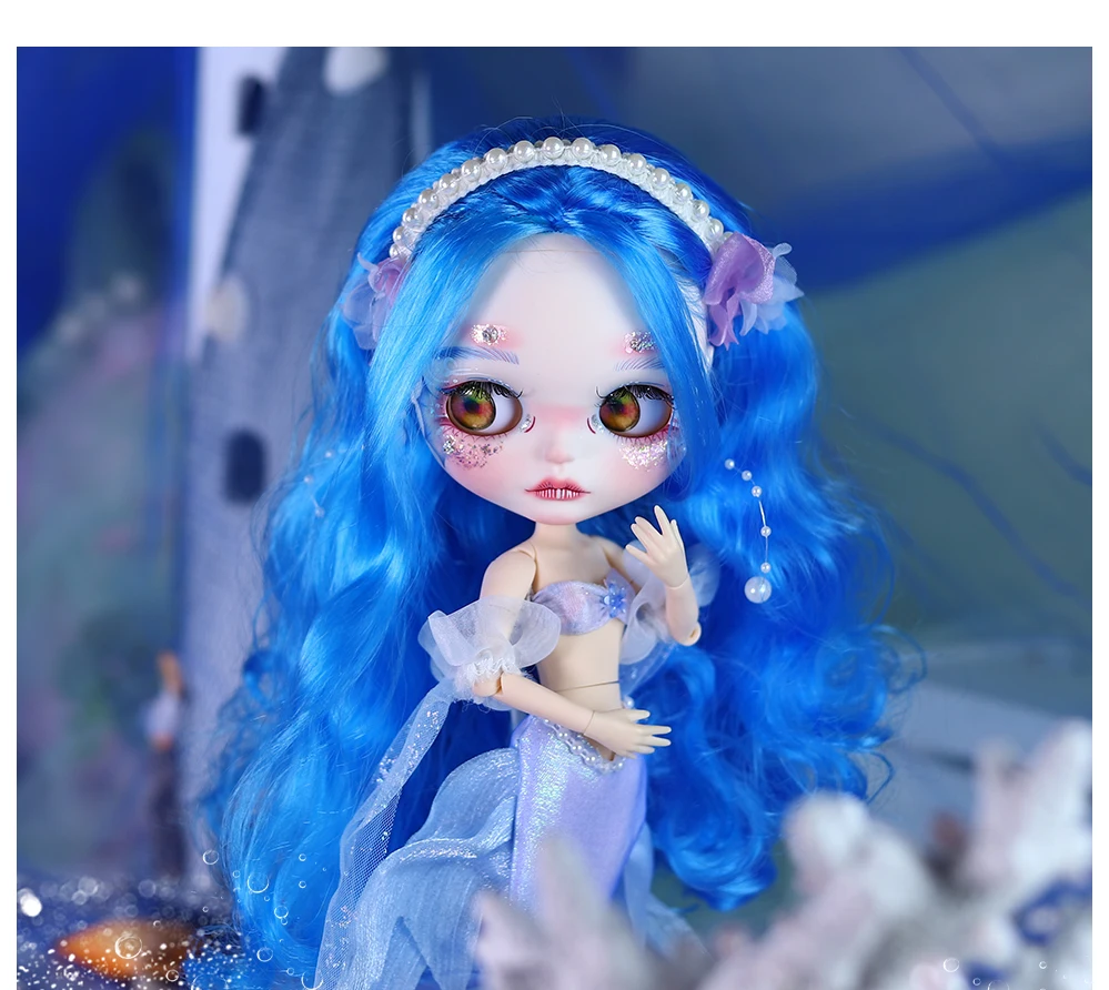 Nàng tiên cá - Cao cấp Custom Neo Blythe Búp bê tóc xanh da trắng khuôn mặt dễ thương mờ 14