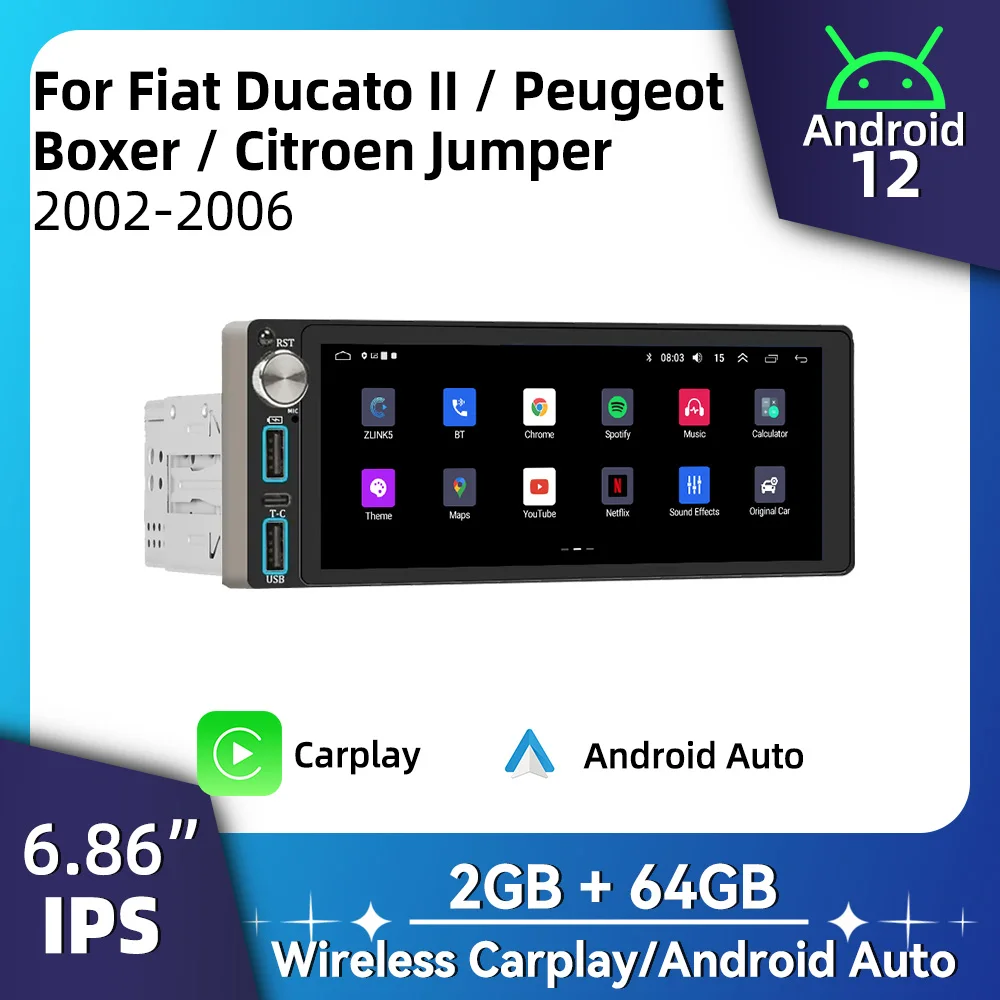 

6.86" Android Car Multimedia for Fiat Ducato II Peugeot Boxer Citroen Jumper 2002-2006 1 Din Radio Head Unit Carplay Autoradio