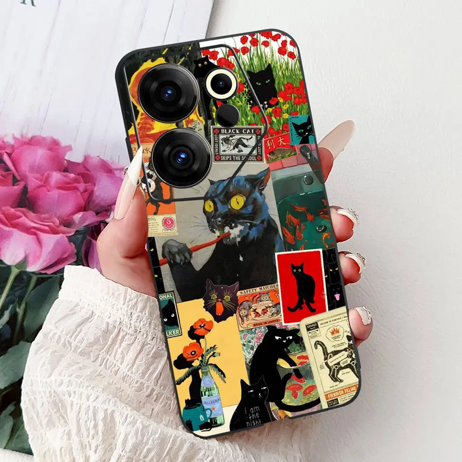 Tecno Camon 20 Premier Elegant Floral Cat Design Black Silicone Phone Case