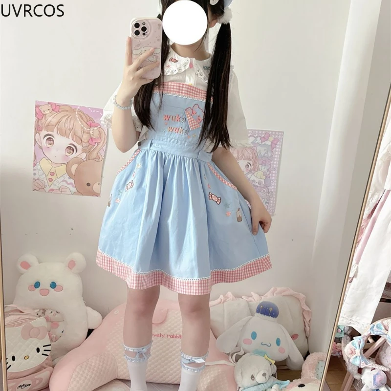 Kawaii Cute Lolita Jsk Dress Women Cute Cartoon Bear Candy Embroidery Strap Dresses Japanese Sweet Princess Party Mini Dresses