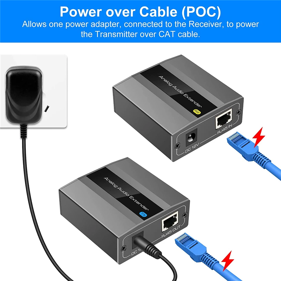 Analog Digital Audio Extender RCA 3.5mm Stereo Over Ethernet Single Cat5e Cat6 C