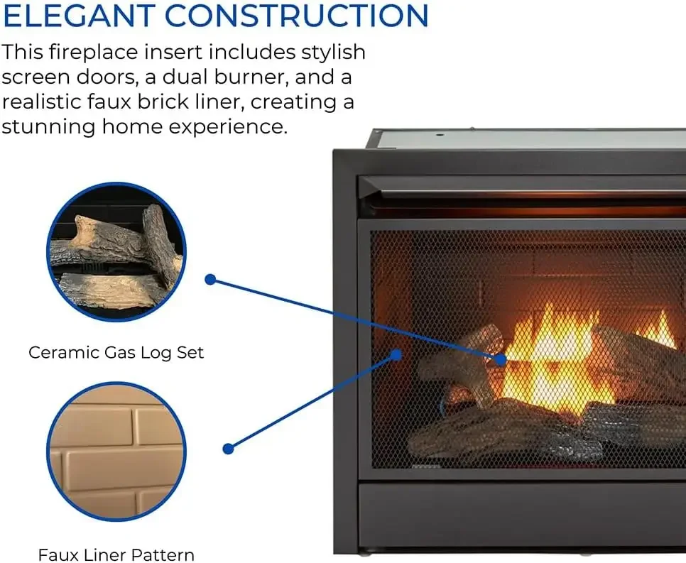 Ventless 26,000 BTU Heats 1,350 Square Feet Dual Fuel No-Clearance Gas Fireplace Insert with Remote Control, Black 2