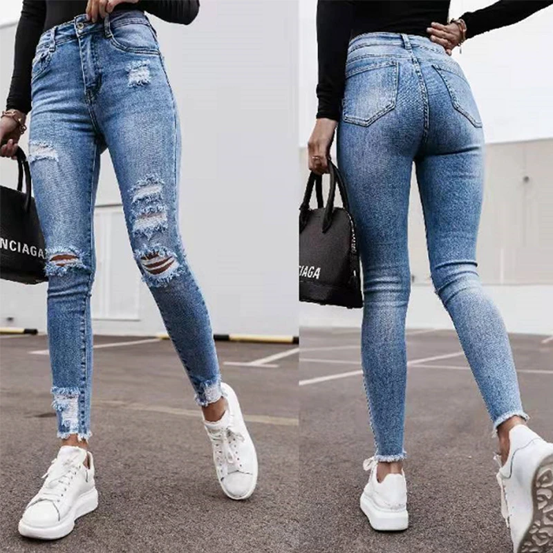 capri leggings High Quality Women spring summer Slim  Denim Trousers With Ripped Holes For Woman Cowboy Pencil Pants Streetwear Fashion jeans nike capri