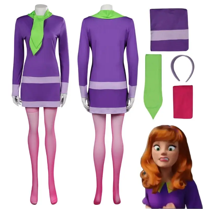 

Movie Daphne Blake Cosplay Dress Costume Scooby Cartoon Doo Where Are You Adult Woman Dress Scarf Halloween Carnival Suit Female
