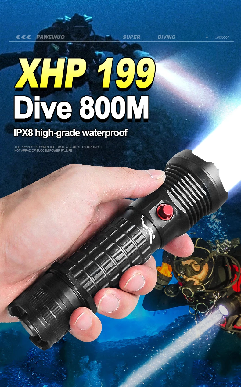 Description Picture 5 of itemProfessional Spearfishing Hunting Scuba LED Diving Flashlight 26650 Rechargeable Diving Torch IPX8 Waterproof Underwater Lantern