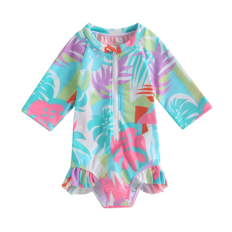 

Toddler Girls Summer Zipper Romper Swimwear 3/4 Sleeve Leaf Print Ruffle Bathing Suit