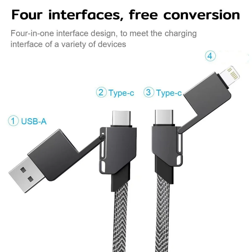 4-in-1 Keychain Charging Cable PD27W QC 60W Fast Charger for iPhone IOS Android Type-C Multi-Device Portable Data Cable