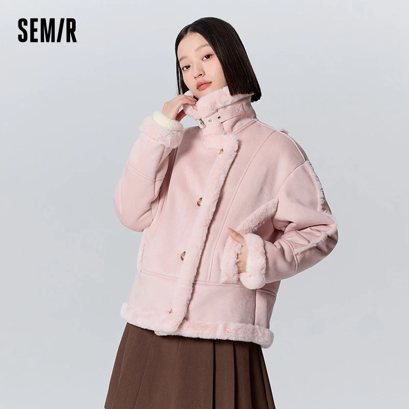 Semir Jacket Women Faux Suede Faux Rabbit Fur Warm Winter Lapel Motorcycle Style Retro Loose Jacket faux fur jacket