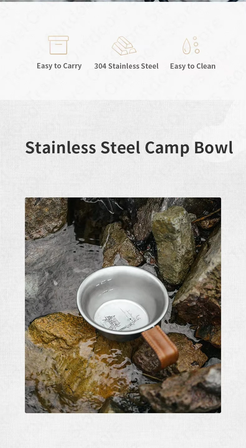 Description Picture 3 of itemNaturehike 300ML Stainless Steel Bowl Camping Outdoor Travel Leather Handle Tableware Ultralight Picnic Retro Bowl Cookware 116g