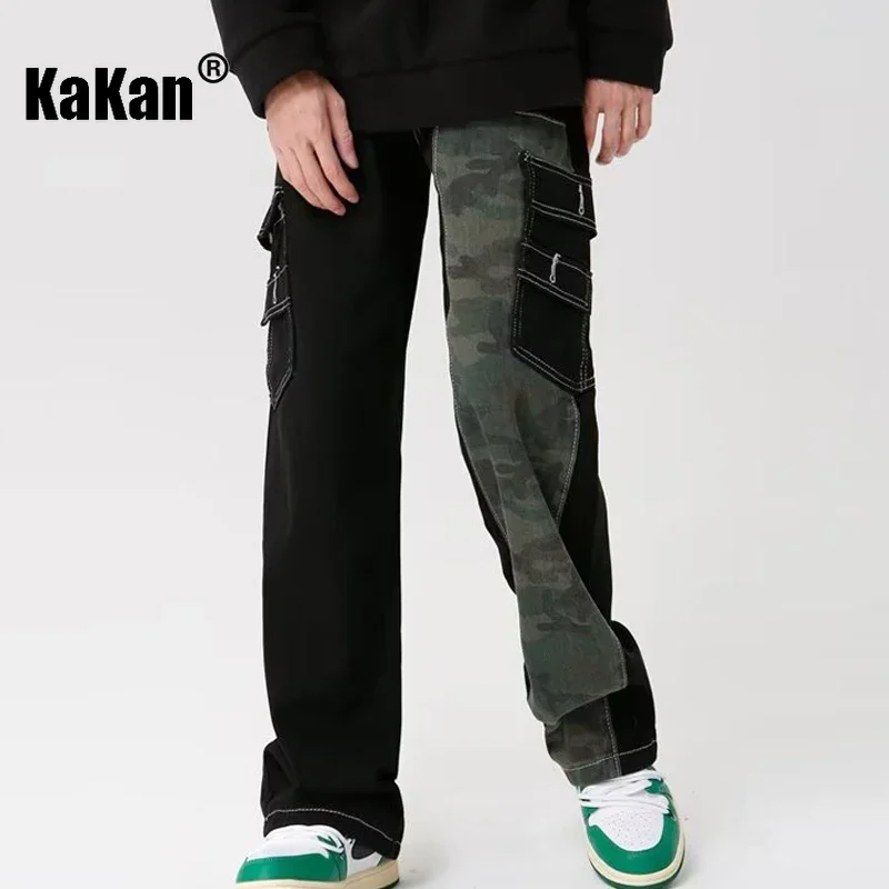 Kakan - European and American New Vintage Multi Pocket Jeans for Men, Camo Panel Large Pocket Straight Length Jeans K27