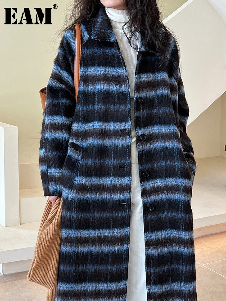 

[EAM] Loose Fit Purple Plaid Big Size Long Woolen Coat New Lapel Long Sleeve Women Jacket Fashion Autumn Winter 2023 1DH2522