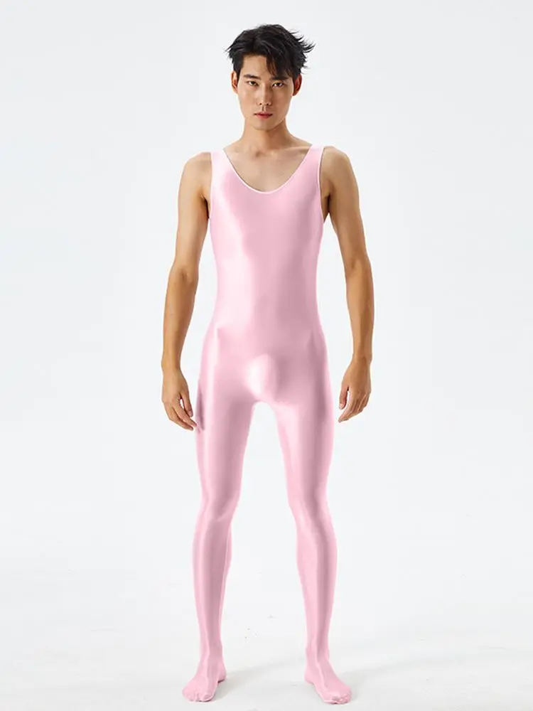 Unisex Sleeveless Tank Pantyhose Bodystocking Shiny Catsuit Leotard Conjoined Close Open Crotch Bodysuit Sexy Lingerie Leotard