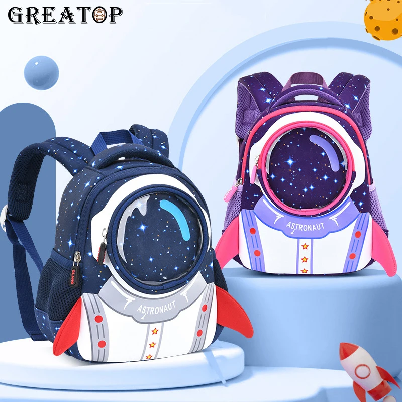GREATOP 2021 New 3D Rocket Kids Backpack Anti-lost Astronauts School bags Waterproof Cartoon Girls Backpack Mochila Infantil