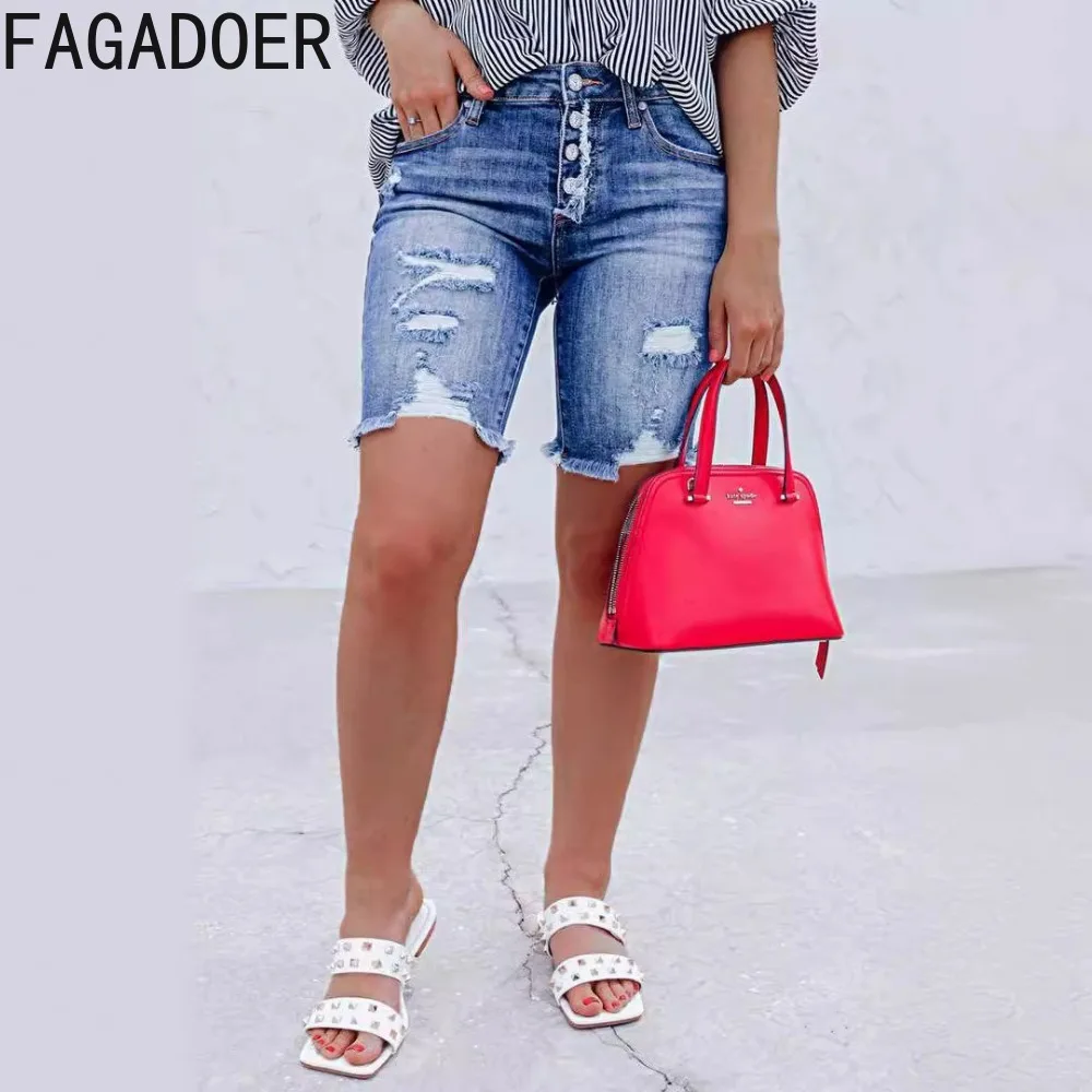 FAGADOER Fashion Streetwear Women High Waisted Button Pocket Hole Denim Skinny Shorts Casual Female Cowboy Biker Shorts Bottoms