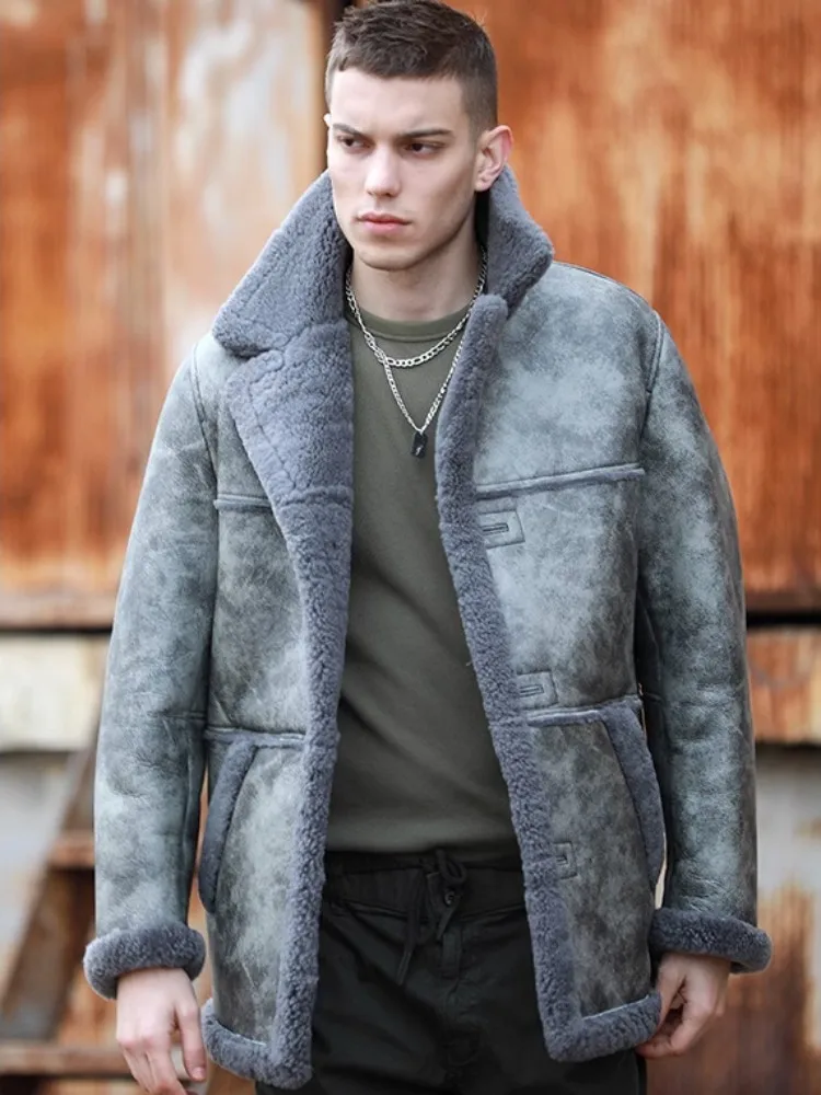Winter Thick Warm Mens Real Fur Pilot Jacket Original Eco Middle Long Street Motorcycle Overcoat Genuine Leather Shearling Coat
