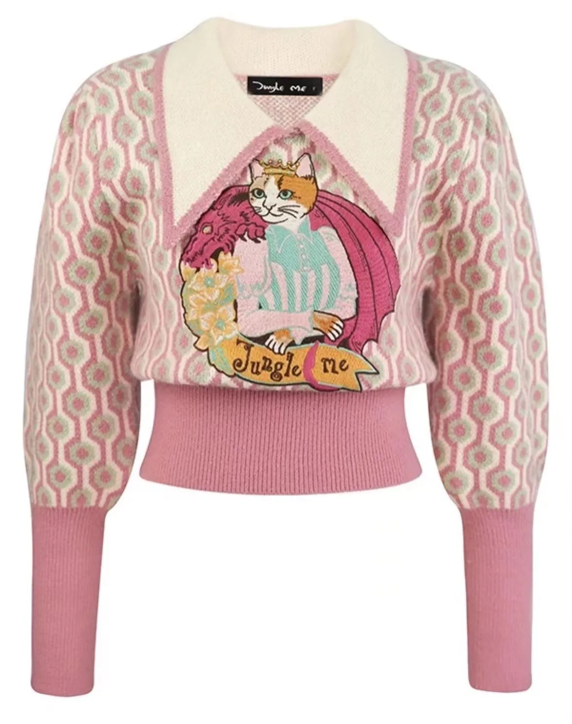 

Pink Cartoon Embroidery Sweater Women 2023 Vintage Elegant Autumn Winter Long Sleeve Knitted Pullover Tops Fashion Ladies Jumper